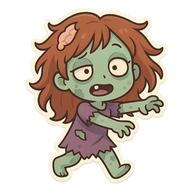 girl zombie with wild hair, missing tooth, quirky expression sticker