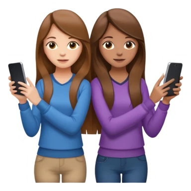 two brown haired girls, looking professional maybe leaned on each others back and looking forward and using phones, with long hair and with some cute clothes without ties, one girl can hold lap top another one can hold the phone sticker
