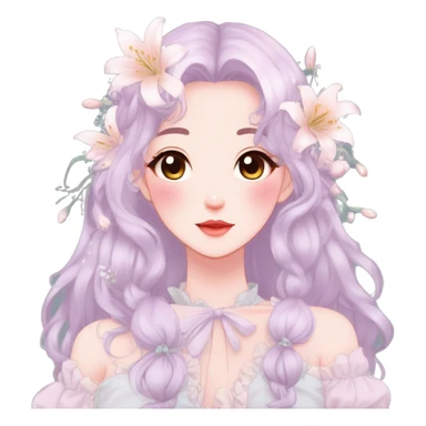 Gorgeous pastel anime style lady with blushing face and lilies cottagecore fairycore pastelcore colorful pearly romantic simplistic aesthetic trending style sticker