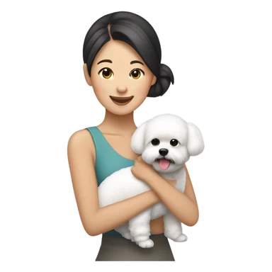 Hair-in-a-bun Asian woman carrying a happy and cute bichon frise sticker