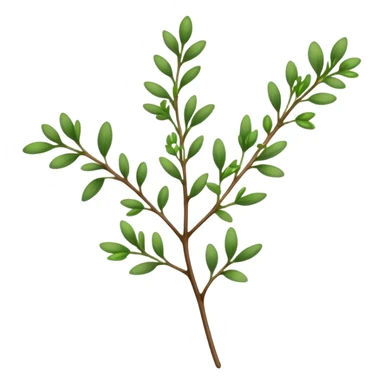 Cinematic Realistic Thyme Emoji, Compact and earthy, with tiny green leaves densely packed on delicate stems. The soft fragrance of the leaves fills the air, creating an atmosphere of warmth and subtle richness. Soft glowing outline, capturing the essence of simplicity and natural healing in a sprig of thyme! sticker