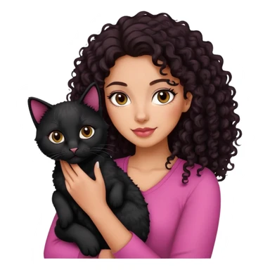 A woman wearing pink tan skin with dark curly hair holding her black cat sticker
