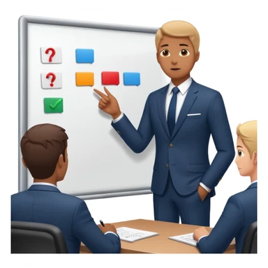 Create a realistic emoji of a person making some decisions in front of a grounp while standing in a office. the team is sitting while the leader stands next to a white board sticker