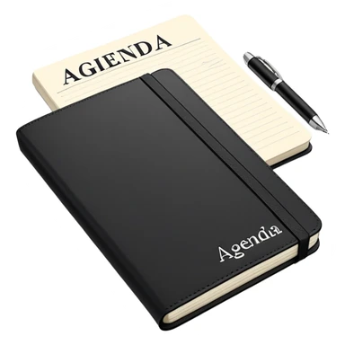 A professional-looking black Moleskine notebook opened flat showing a page with 'AGENDA' written at the top and a neat list of bullet points for meeting items sticker