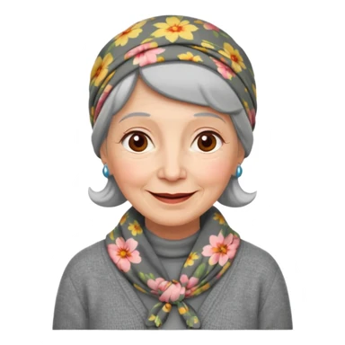 A kind old Soviet village grandmother emoji — elderly woman wearing a floral headscarf tied under her chin, simple gray cardigan, warm smile, friendly face, flat emoji style, minimal Apple-like design. sticker