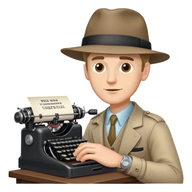 white man journalist typing on a vintage typewriter, press badge on hat sticker