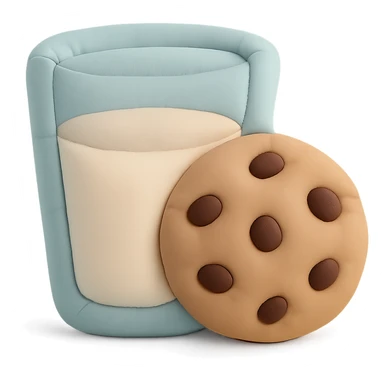 a soft and plush cushion style illustration of a glass of milk and a chocolate chip cookie, pastel colors sticker