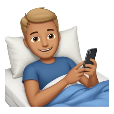 Man emoji lying in bed smiling and looking at his phone sticker