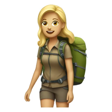 A blonde woman traveler with a backpack is hiking in the mountains. sticker