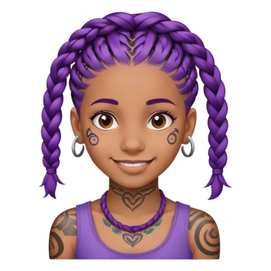 Con gái, 15 tuổi, cười mỉm, da nâu, tóc tím tết tóc cuốn lọn trên đầu, xăm trên mặt sticker