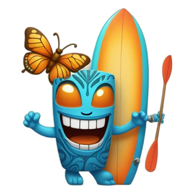 Cartoon Blue and orange smiling tiki with butterfly and surfboard sticker
