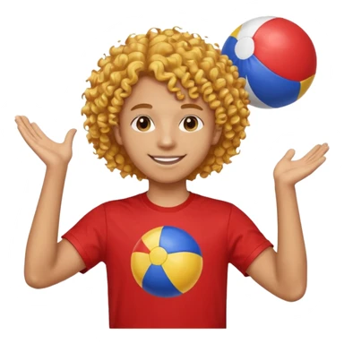 una persona de 18 años marron clarito con el pelo amrillo rizado con una camiseta roja y azul con un logo circular dorado y levantando un balon de playa sticker