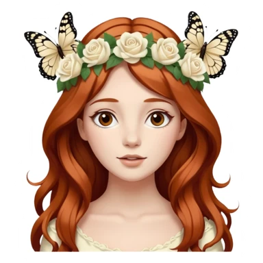 Woman with long flowing auburn hair wearing a flower crown with white and cream colored roses and butterflies in it sticker
