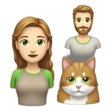 Woman with light straight brown hair and green eyes and a heavy man with a beard and two cats white and another black sticker