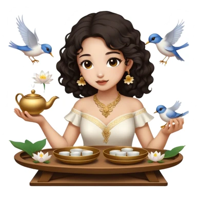 Light skin girl, half long curly dark hair, gold jewelry, white dress, feeding birds with wooden tea ceremony tray with lotus flower sticker