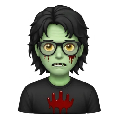 Crie um zumbi com sangue estilo emoji do iPhone com cabelo ondulado grande preto com camiseta preta e óculos de grau preto sticker