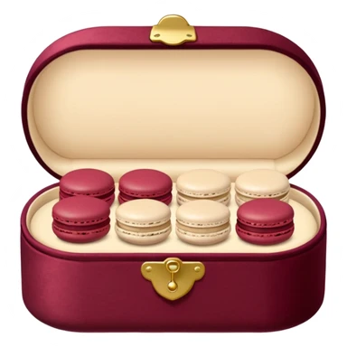 lots of light beige macarons in a burgundy box sticker