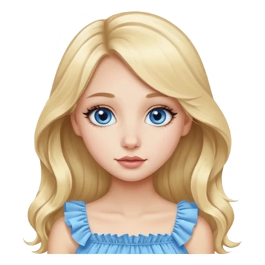 Beautiful Emoji girl with close-set blue eyes and eyeliner on them, long nose, wide not very full lips, oval face shape, long blonde hair in cute ruffle top sticker