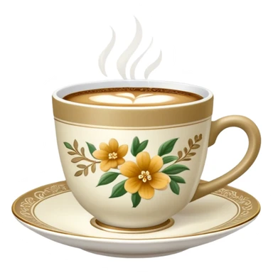 Cinematic Realistic sophisticated cup filled with khaki coffee with flower ornament sticker
