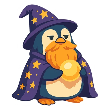 chubby penguin wizard with a long beard, starry cloak, glowing orb, looking wise and mystical, vibrant toon style, cartoonish, colorful, playful sticker