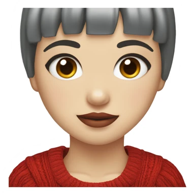 girl with short hair and bangs (a fringe) with blue eyes, long eyelashes and red lipstick in a red cable knit sweater. She must be holding a grey cat sticker