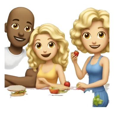 bald man, woman with blonde curls and woman with brown hair on a picnic sticker