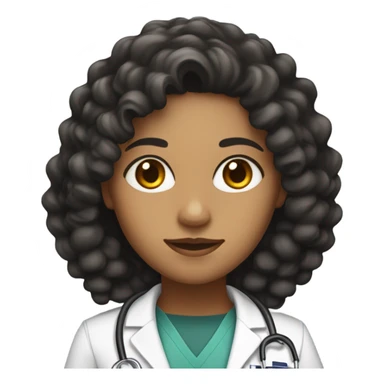 woman dark olive skin with very dark long curly hair with a doctor uniform on and dark eyes sticker