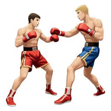 An icon symbolizing kickboxing, featuring two fighters in the ring. One throws a powerful high kick, while the other counters with a punch. The background shows a boxing ring with ropes and a crowd in the distance. Transparent background emphasizes the dynamic energy sticker