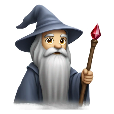 Wizard with long grey beard and silver and greyl robes, holding a wooden staff with a ruby on it sticker