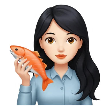 White lady with long black hair and a round face holding a salmon  sticker