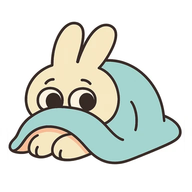 cream bunny lying under blanket, only eyes showing, pastel-toon style sticker
