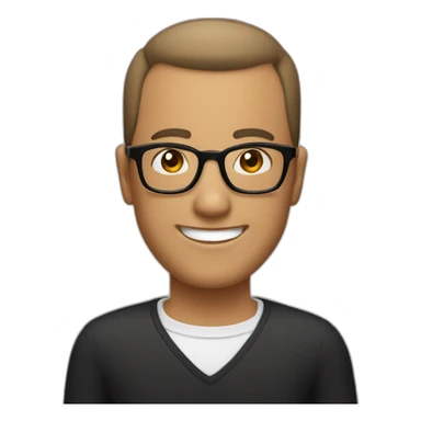 an man with very short haircut, and a very receding hairline, and a tuft of hair on the top. He is wearing glasses, the glasses frames are black and he is smiling sticker