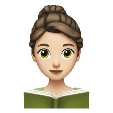 Girl with brown hair in a low bun, wispy bangs, green eyes, pale skin, reading a brown book sticker