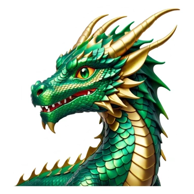 Cinematic Noble Dragon Portrait Emoji, Poised and majestic, with a sinuous, elongated body covered in intricately detailed, shimmering scales in hues of emerald and gold, and piercing, fiery eyes that reflect ancient wisdom; rendered with lifelike texture and natural highlights, high shine, intelligent and formidable, styled with an aura of mythic power, focused and attentive, soft glowing outline, capturing the essence of a legendary dragon that appears ready to soar out of the screen with timeless authority! sticker