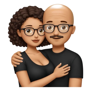 A picture of an embracing tanned couple. the man is a Mexican man with tanned skin, NO GLASSES, with a bald hair cut, short beard and wearing a black shirt. the woman is short with long curly dark brown hair and with big boobs. Put glasses on the woman.  sticker