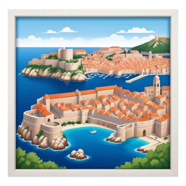 Cinematic Realistic Dubrovnik Landmark Emoji, showcasing the historic walled city with its terracotta rooftops, stone fortifications, and the deep blue Adriatic Sea stretching beyond. sticker