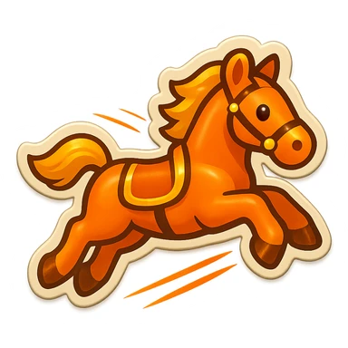 Create a cute emoji style illustration of a Hermès-style horse jumping with a modern design featuring orange and gold details. Include motion lines to show movement. Use a white or transparent background. sticker