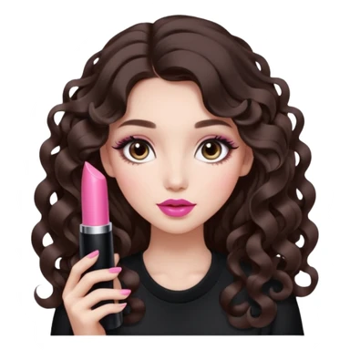 A girl with long dark brown hair styled in loose 36mm curls, beautiful round-almond eyes with long curled lashes in Douyin style. Her makeup is cool-tone neutral. She’s holding a pink lipstick similar to Rhode’s shade in one hand. sticker
