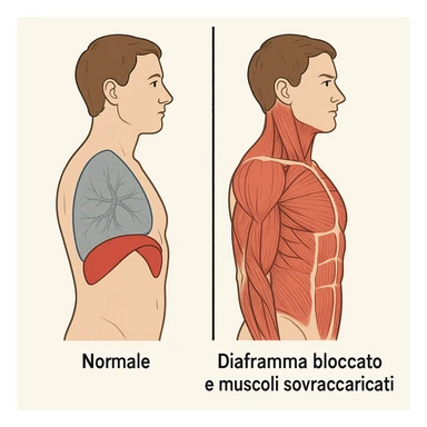 illustrazione con confronto, lato sinistro normale, lato destro con diaframma bloccato e muscoli sovraccaricati, didascalia in italiano sticker