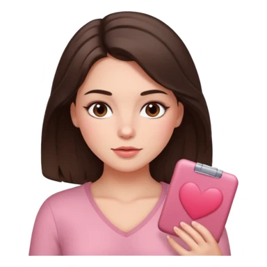 Brunette girl with chest length brunette hair and blush sticker