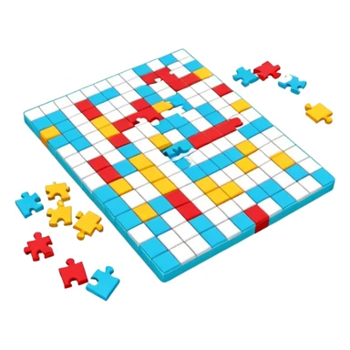 A photorealistic icon with a crossword magazine, a 3D puzzle and a partially completed puzzle on a table. Bright, detailed design with realistic lighting. Transparent background, clearly symbolizing puzzles and brain games. sticker