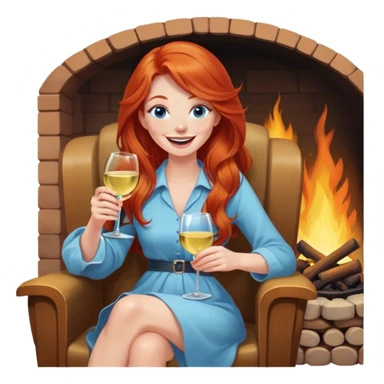 Laughing redhead with long hair and blue eyes holding white wine sitting in chair beside fire  sticker