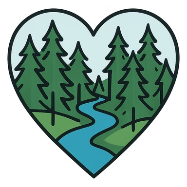 heart with a pine forest and river theme, clean digital illustration sticker