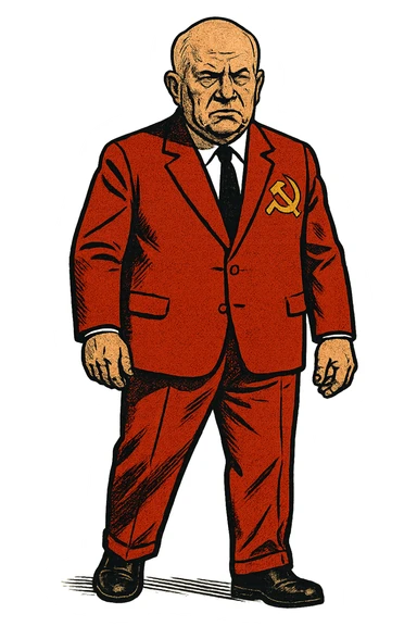 The full body of a male middle aged Russian leader who looks like Nikita Khrushchev wearing a red suit with the communist party logo and looking seriously sticker