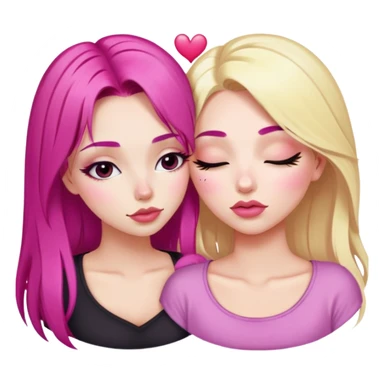 gorgeous pale girl with magenta pink hair latina makeup next to a gorgeous blonde girl with a light pink heart above them in between eyes closed making duck lips faces sticker