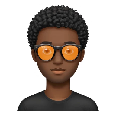 đàn ông 30 tuổi, da đen, tóc ngắn xù màu đen, đeo mắt kính râm màu cam nhẹ trong suốt nhìn thấy mắt, gọng kính màu đen, mặt ngầu, áo đen sticker