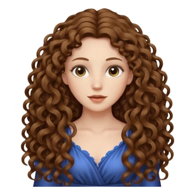 pale woman with brown curly very long hair, middle part. the hair is very very very very very very long, waist length, but you can't see her waist sticker