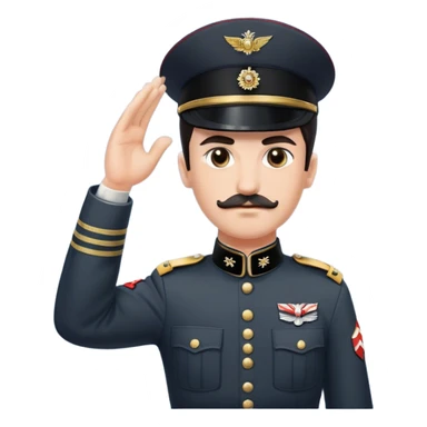 A man with a small mustache, parted dark hair, and a stern expression. He is wearing a military-style uniform with a high collar, a belt, and a swastika armband on his left arm. He raises his right arm in a rigid, extended salute. The background is a historical setting from the 1930s or 1940s. sticker