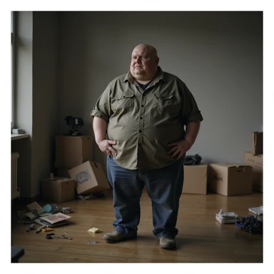 obese man forgetting what he was doing, standing in a room with scattered objects, realistic atmosphere, hyperrealistic 4K details, signs of cognitive difficulty sticker