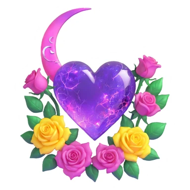 gothic heart made of soft violet glass, silver crescent moon, glowing blush roses, holographic stardust, neon magenta lightning, drenched and splintered glass sticker